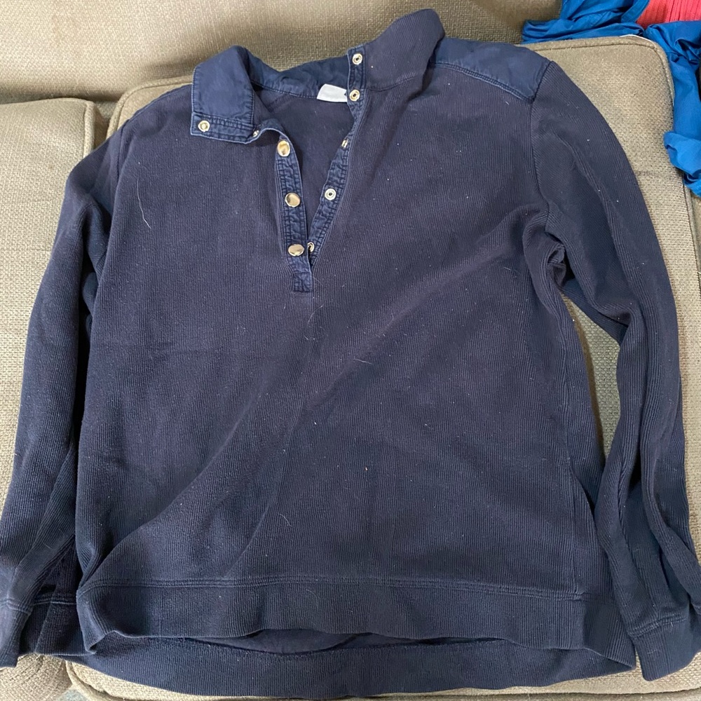 Karen Scott, dark blue top with metal snaps and collar, SIZE - LARGE